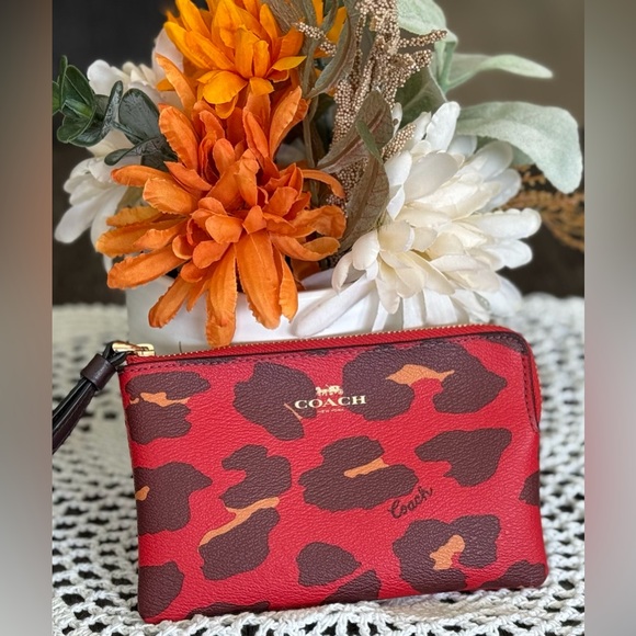 Coach Corner Zip Wristlet - Leopard Print in Bright Poppy - Picture 1 of 9